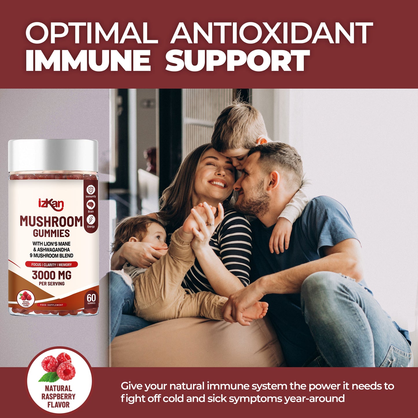Mushroom Complex Gummies 3000mg - 60 Count Raspberry Flavored - IZKAN NUTRITION®