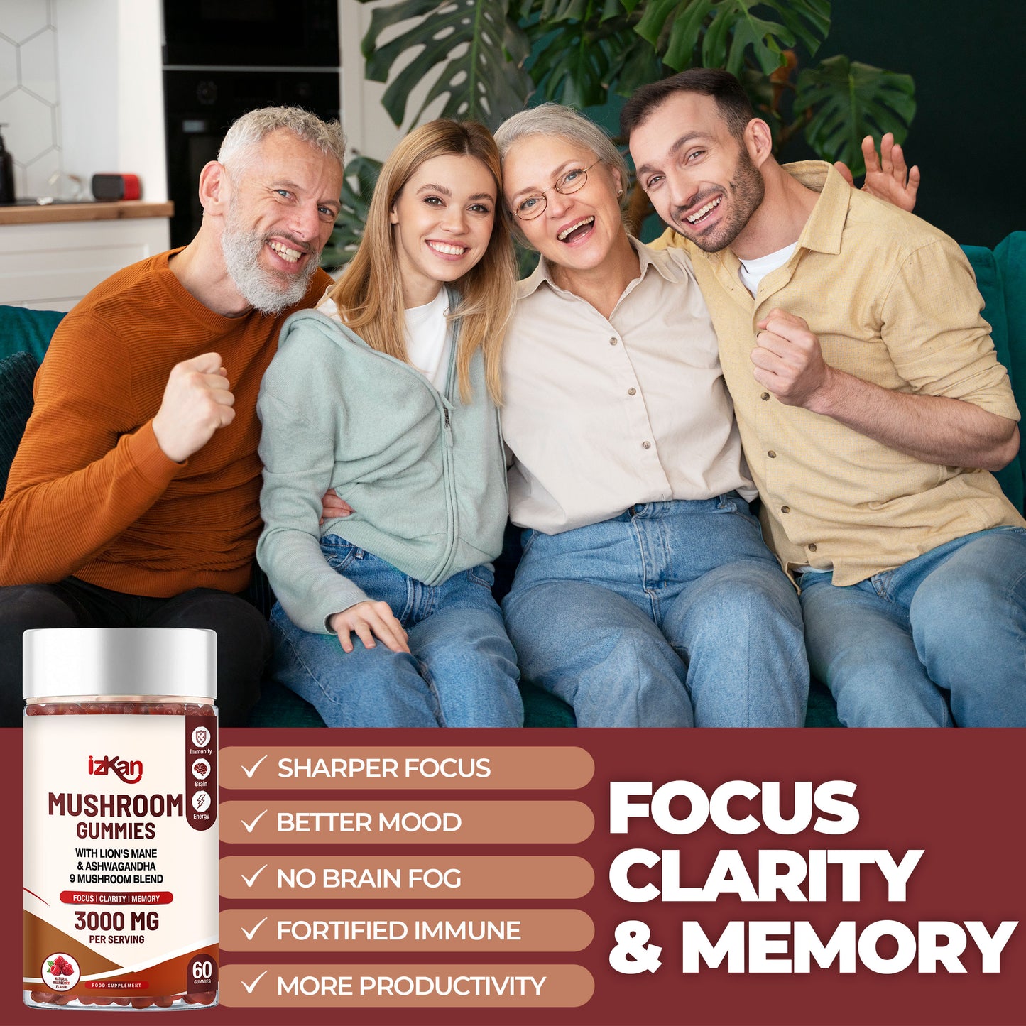 Mushroom Complex Gummies 3000mg - 60 Count Raspberry Flavored - IZKAN NUTRITION®