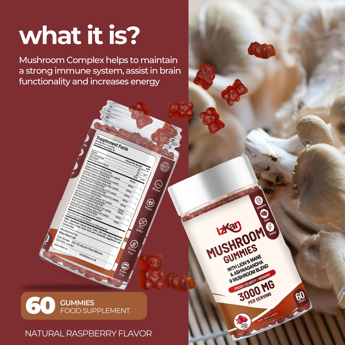 Mushroom Complex Gummies 3000mg - 60 Count Raspberry Flavored - IZKAN NUTRITION®
