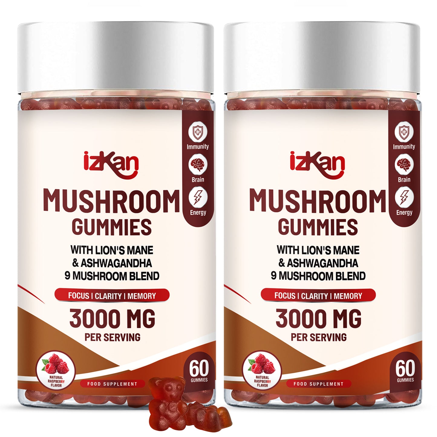 Mushroom Complex Gummies 3000mg - 60 Count Raspberry Flavored - IZKAN NUTRITION®