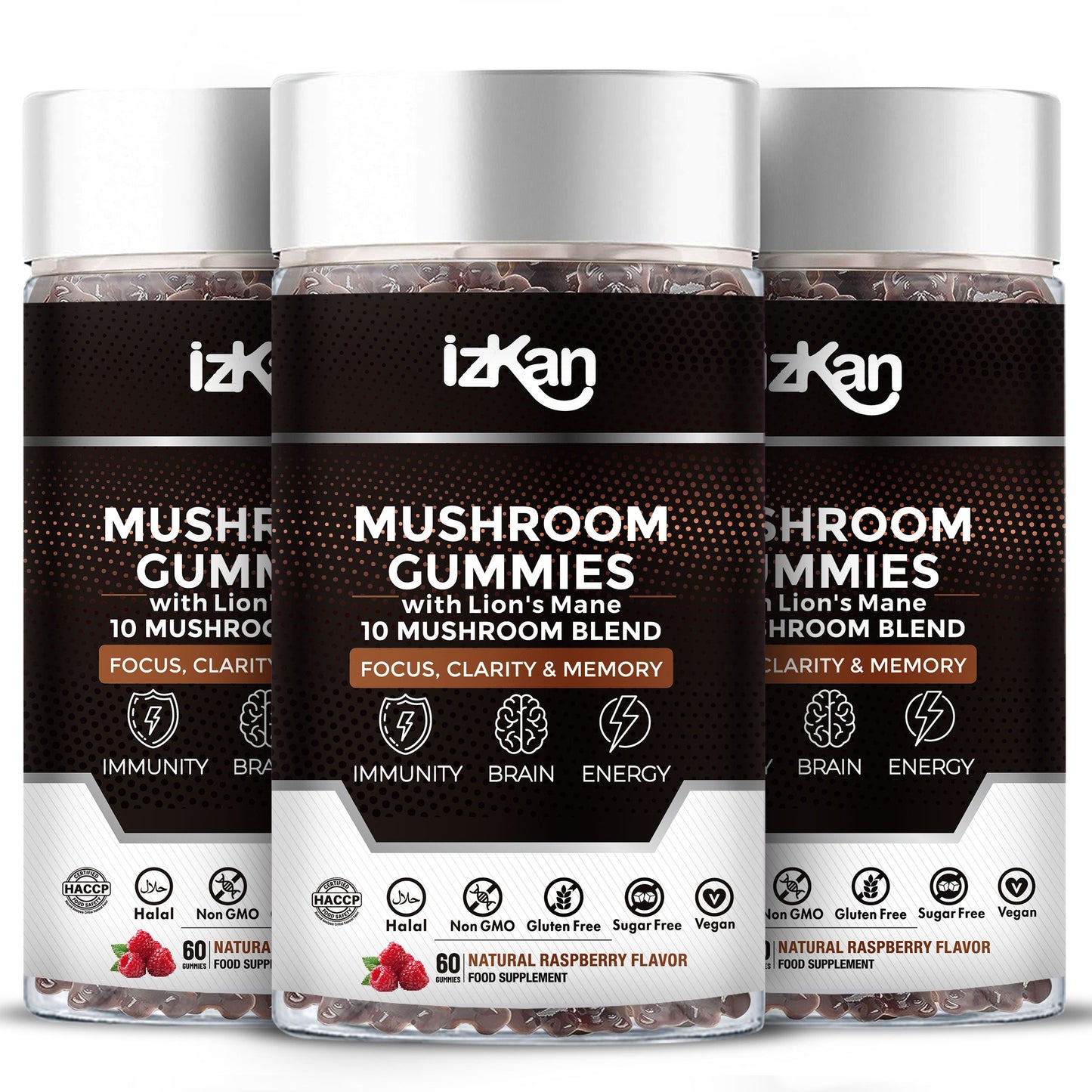 Lion's Mane Mushroom Gummies 3000mg - 60 Count Raspberry Flavor - IZKAN NUTRITION®