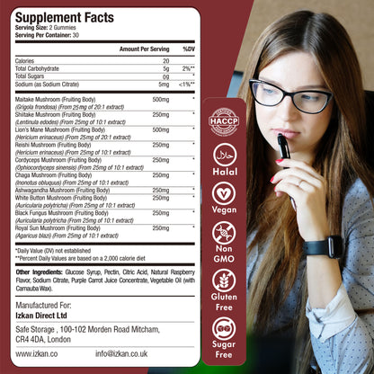 Mushroom Complex Gummies 3000mg - 60 Count Raspberry Flavored - IZKAN NUTRITION®