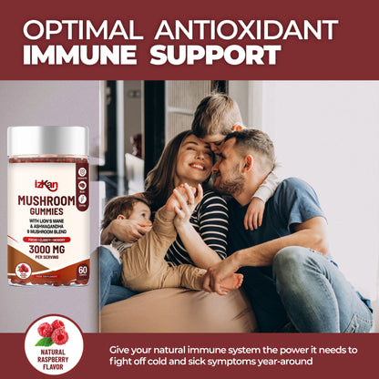 Mushroom Complex Gummies 3000mg - 60 Count Raspberry Flavored - IZKAN NUTRITION®