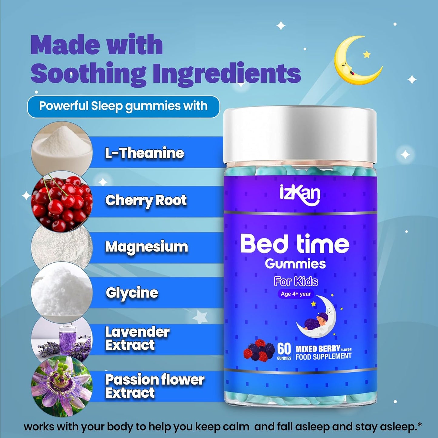 Bed Time Gummies for Kids with Magnesium Lemon Balm Chamomile Extract Glycine Chewable Sleep Supplement |Restful Sleep| | Calm Mood |Berries Flavour| (60 Gummies, Mixed Berry) - IZKAN NUTRITION®