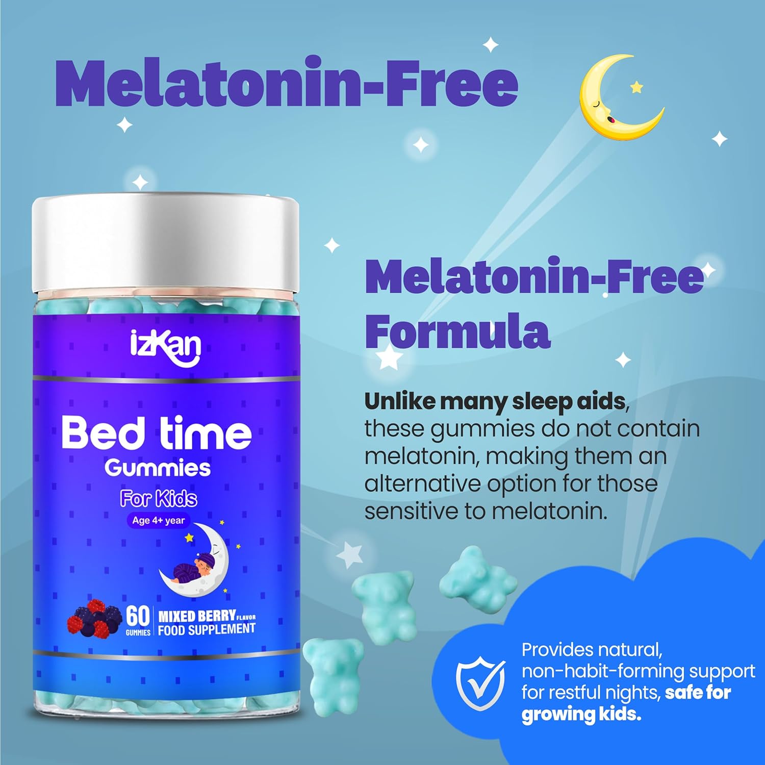 Bed Time Gummies for Kids with Magnesium Lemon Balm Chamomile Extract Glycine Chewable Sleep Supplement |Restful Sleep| | Calm Mood |Berries Flavour| (60 Gummies, Mixed Berry) - IZKAN NUTRITION®