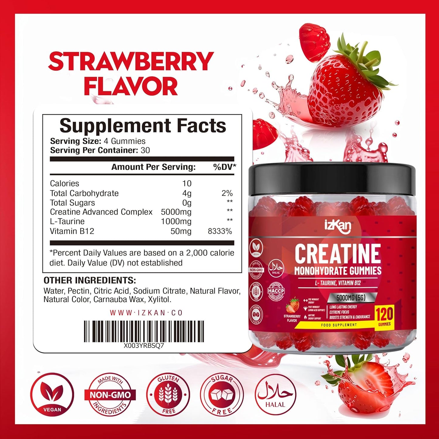 izkan Creatine Monohydrate Gummies, 5000mg (5G) per serving, 120 Sugar-Free, Halal, Vegan Strawberry Flavor - IZKAN NUTRITION®