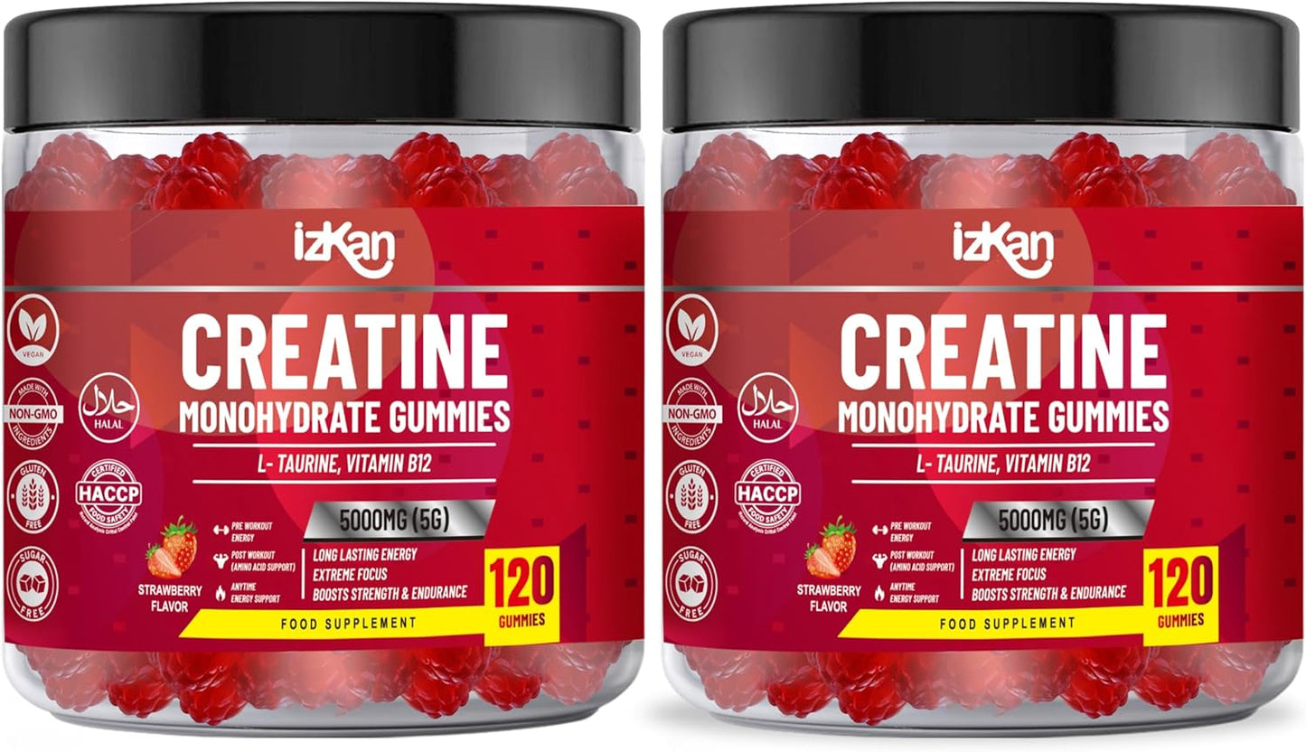izkan Creatine Monohydrate Gummies, 5000mg (5G) per serving, 120 Sugar-Free, Halal, Vegan Strawberry Flavor - IZKAN NUTRITION®