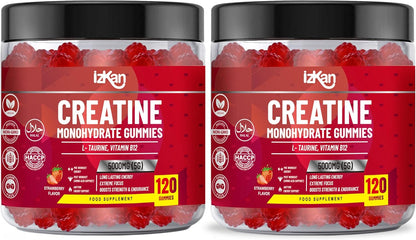 izkan Creatine Monohydrate Gummies, 5000mg (5G) per serving, 120 Sugar-Free, Halal, Vegan Strawberry Flavor - IZKAN NUTRITION®