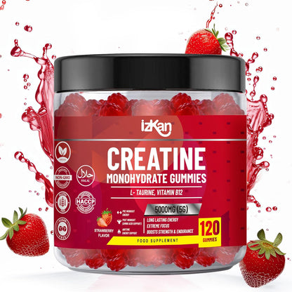 izkan Creatine Monohydrate Gummies, 5000mg (5G) per serving, 120 Sugar-Free, Halal, Vegan Strawberry Flavor - IZKAN NUTRITION®