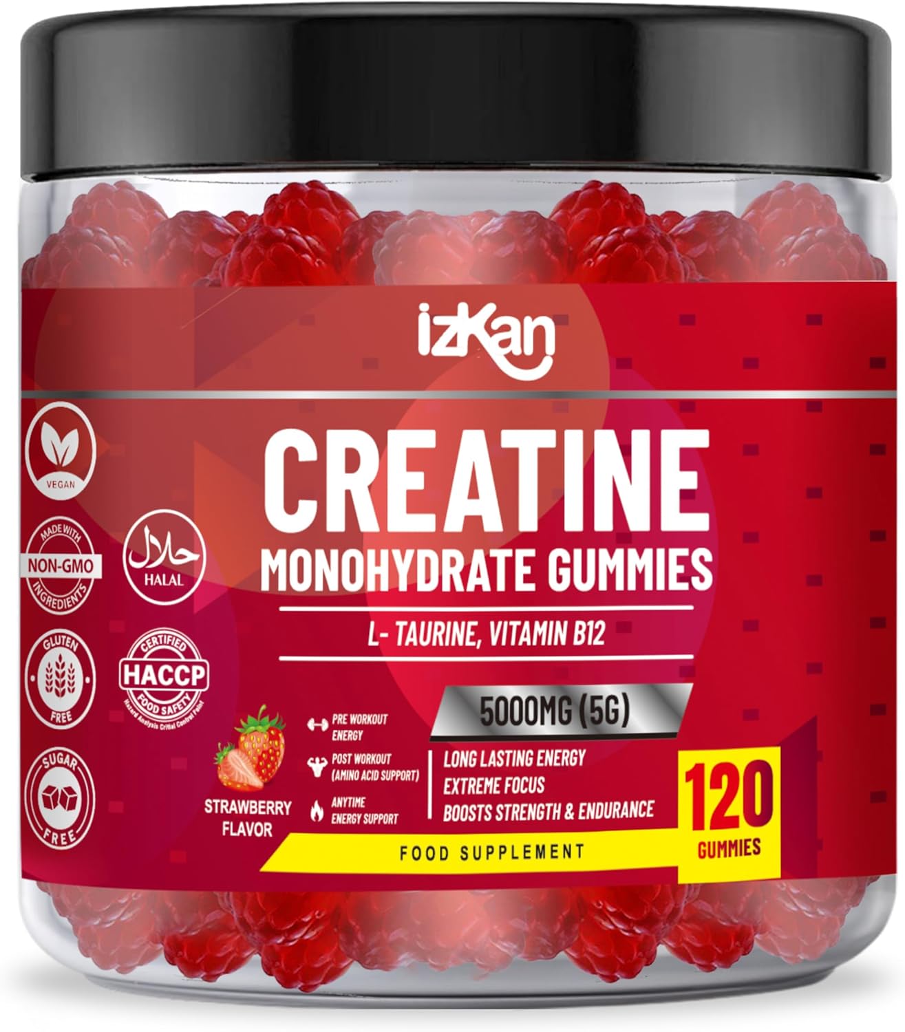 izkan Creatine Monohydrate Gummies, 5000mg (5G) per serving, 120 Sugar-Free, Halal, Vegan Strawberry Flavor - IZKAN NUTRITION®
