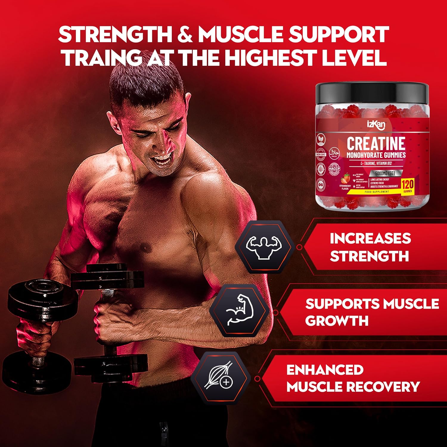 izkan Creatine Monohydrate Gummies, 5000mg (5G) per serving, 120 Sugar-Free, Halal, Vegan Strawberry Flavor - IZKAN NUTRITION®
