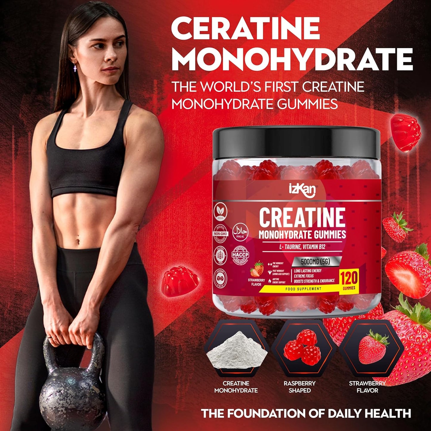 izkan Creatine Monohydrate Gummies, 5000mg (5G) per serving, 120 Sugar-Free, Halal, Vegan Strawberry Flavor - IZKAN NUTRITION®