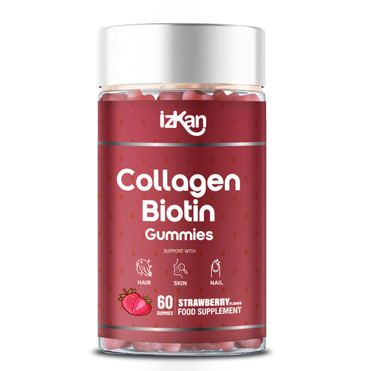 Collagen Gummies with Zinc, Biotin, Vitamin C & E – Type 1 Hydrolysed Collagen for Hair, Glowing Skin Nails & Joint Support – High Absorption, Gluten-Free, Natural Strawberry Flavour – 60 Gummies - IZKAN NUTRITION®