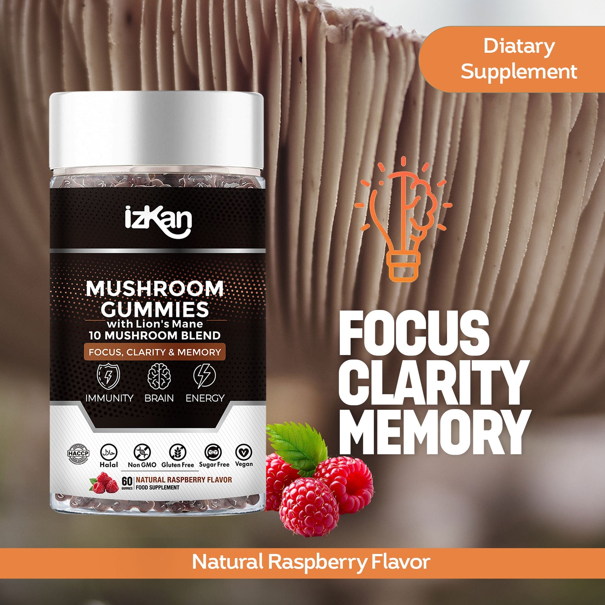 Lion's Mane Mushroom Gummies 3000mg - 60 Count Raspberry Flavor - IZKAN NUTRITION®