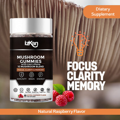Lion's Mane Mushroom Gummies 3000mg - 60 Count Raspberry Flavor - IZKAN NUTRITION®