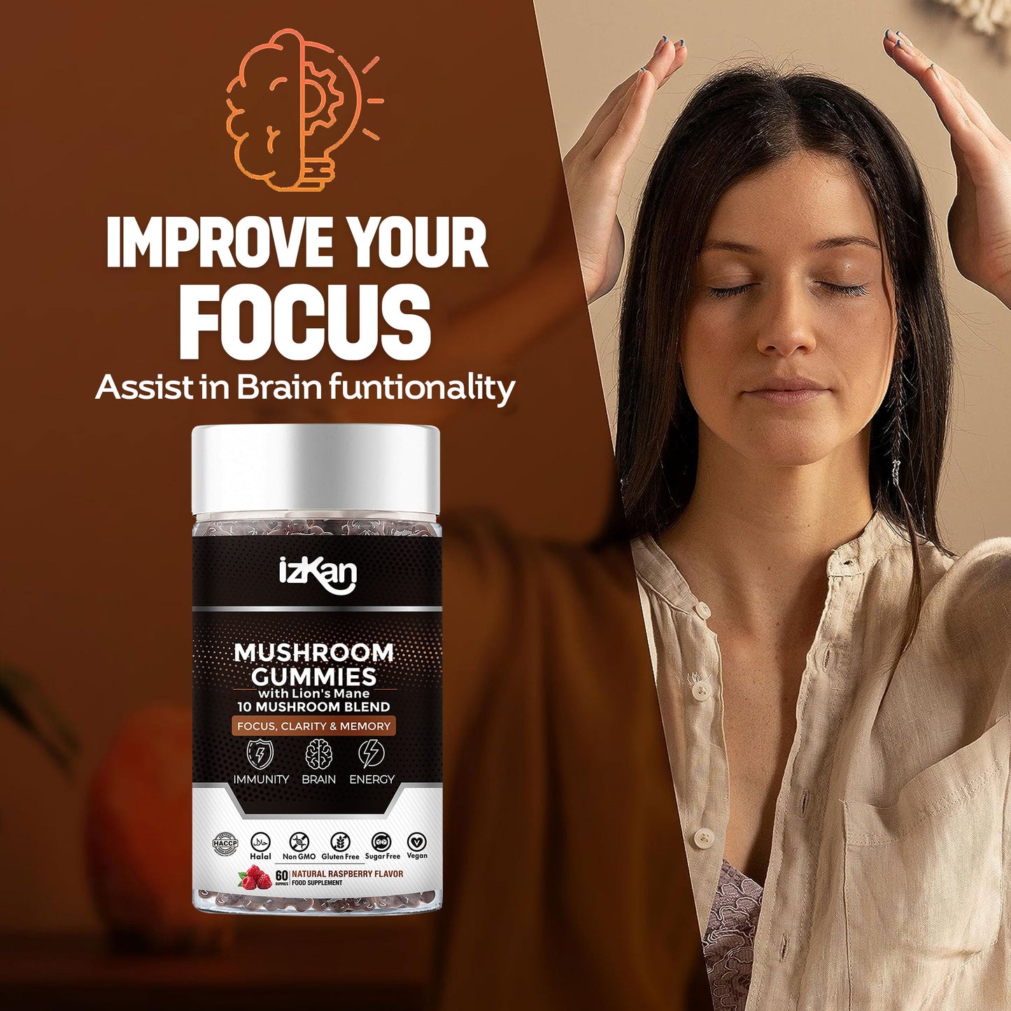 Lion's Mane Mushroom Gummies 3000mg - 60 Count Raspberry Flavor - IZKAN NUTRITION®