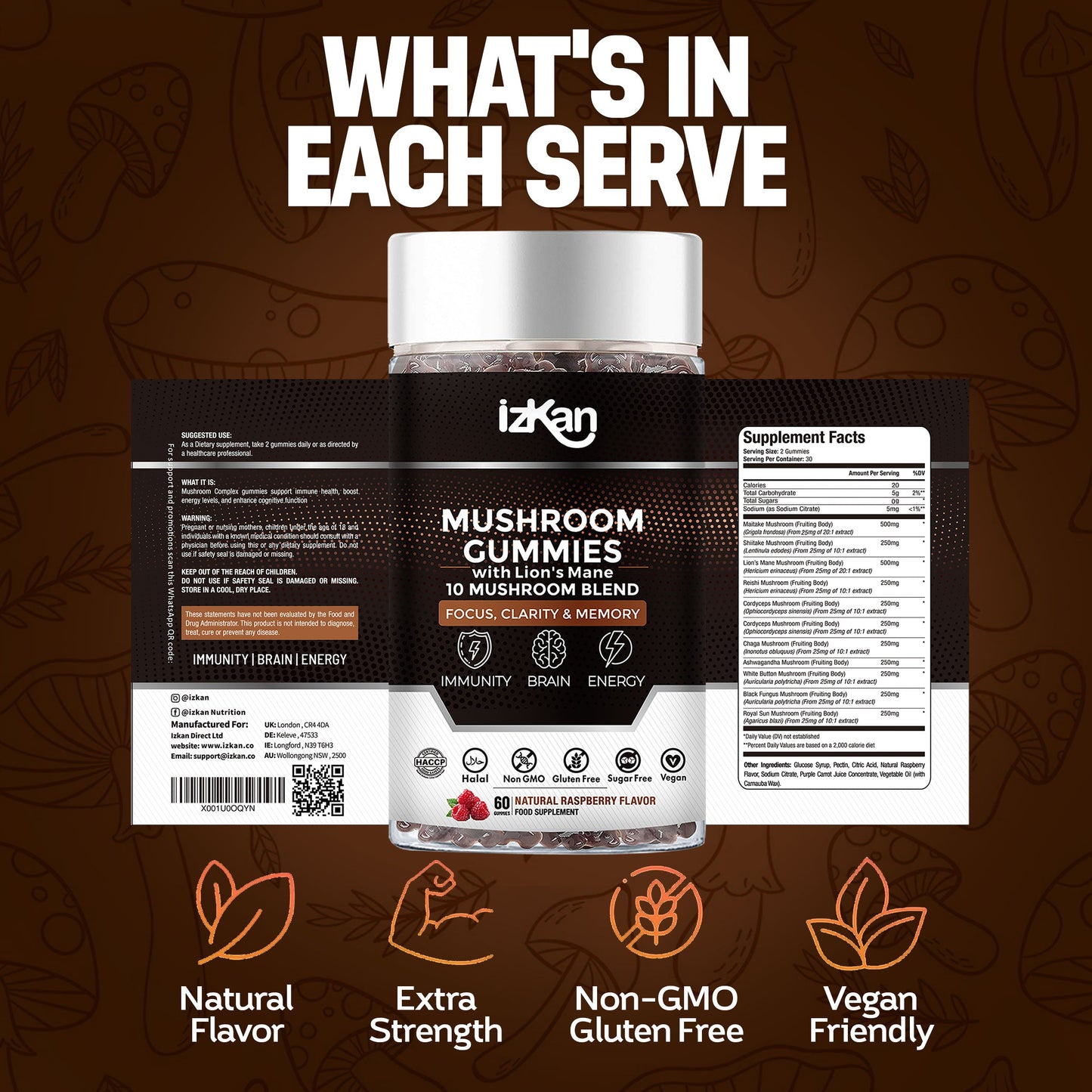 Lion's Mane Mushroom Gummies 3000mg - 60 Count Raspberry Flavor - IZKAN NUTRITION®