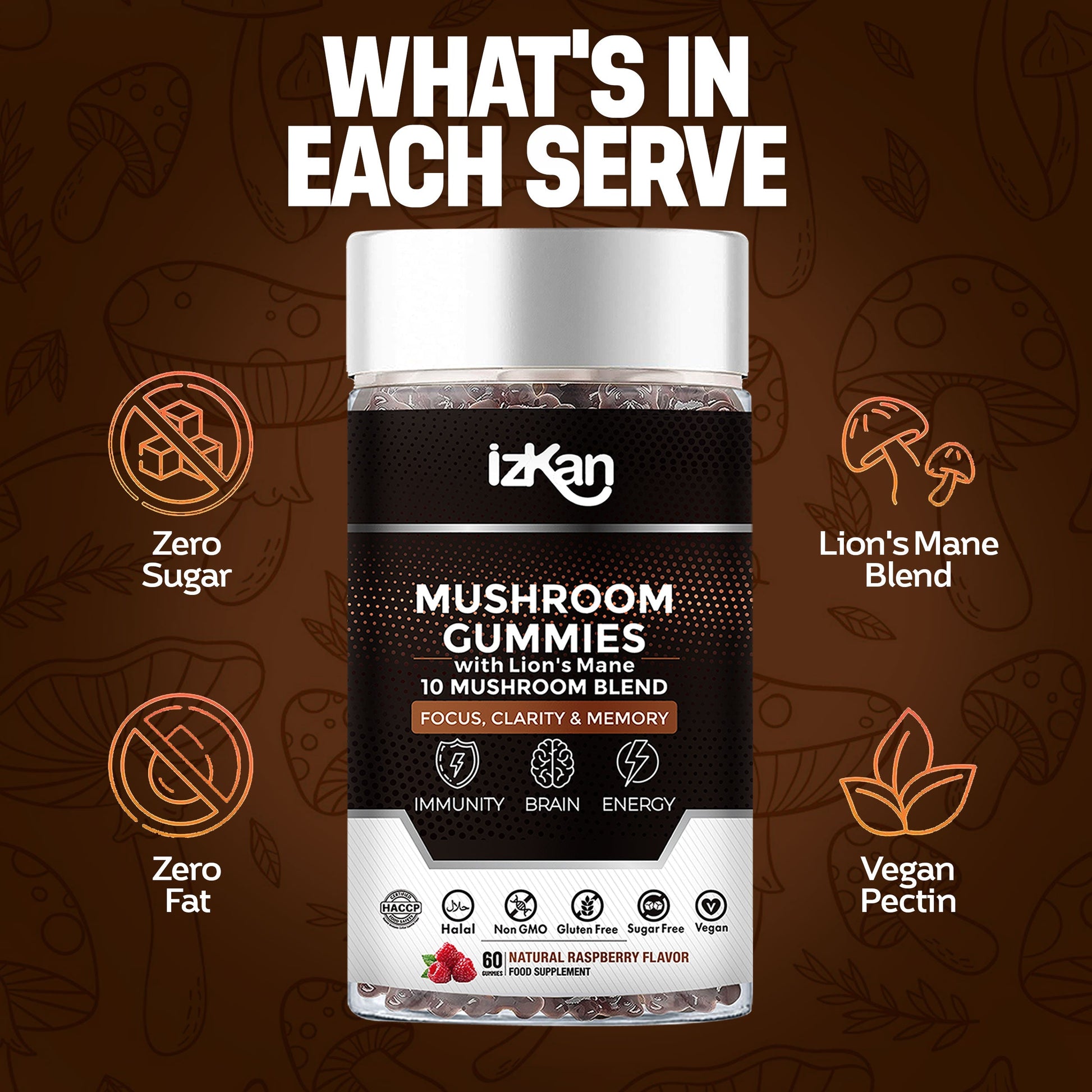Lion's Mane Mushroom Gummies 3000mg - 60 Count Raspberry Flavor - IZKAN NUTRITION®