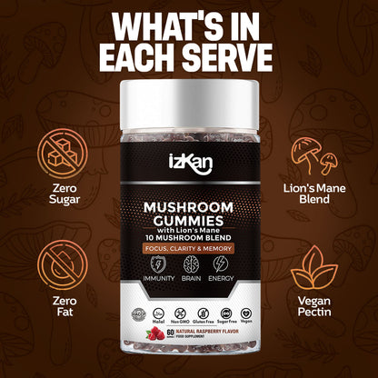 Lion's Mane Mushroom Gummies 3000mg - 60 Count Raspberry Flavor - IZKAN NUTRITION®