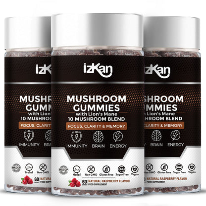 Lion's Mane Mushroom Gummies 3000mg - 60 Count Raspberry Flavor - IZKAN NUTRITION®