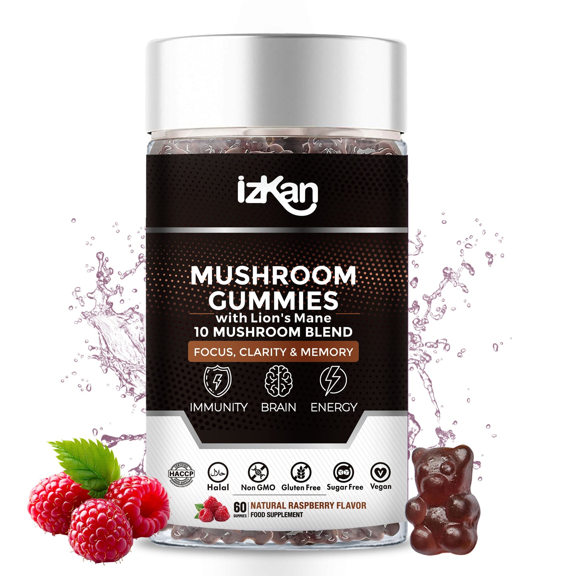 Lion's Mane Mushroom Gummies 3000mg - 60 Count Raspberry Flavor - IZKAN NUTRITION®