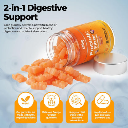 Probiotic Gummies with Prebiotics – 60 Orange Flavour Gummies – Bacillus Coagulans 2.5 Billion CFU & Inulin – Daily Gut Health & Immune Support for Kids Vegan, Non-GMO, Gluten Free (Orange)
