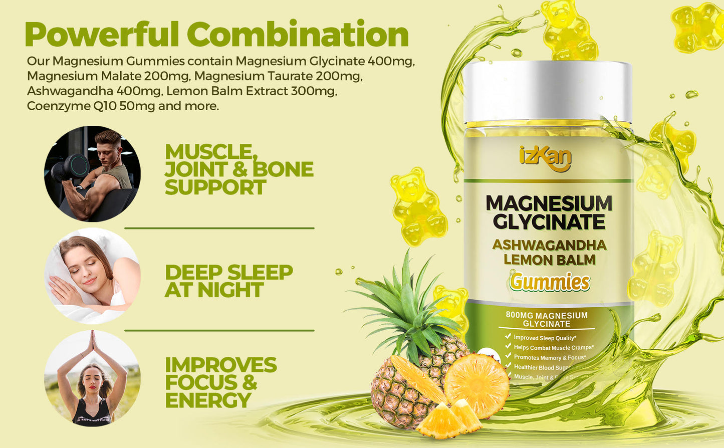 Magnesium Glycinate Gummies - 60 Ashwagandha Gummies with Lemon Balm Extract, Pineapple Flavor - IZKAN NUTRITION®