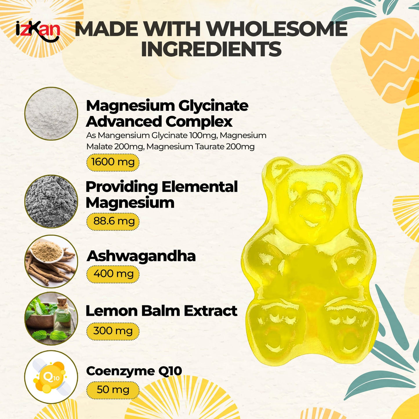 Magnesium Glycinate Gummies - 60 Ashwagandha Gummies with Lemon Balm Extract, Pineapple Flavor - IZKAN NUTRITION®