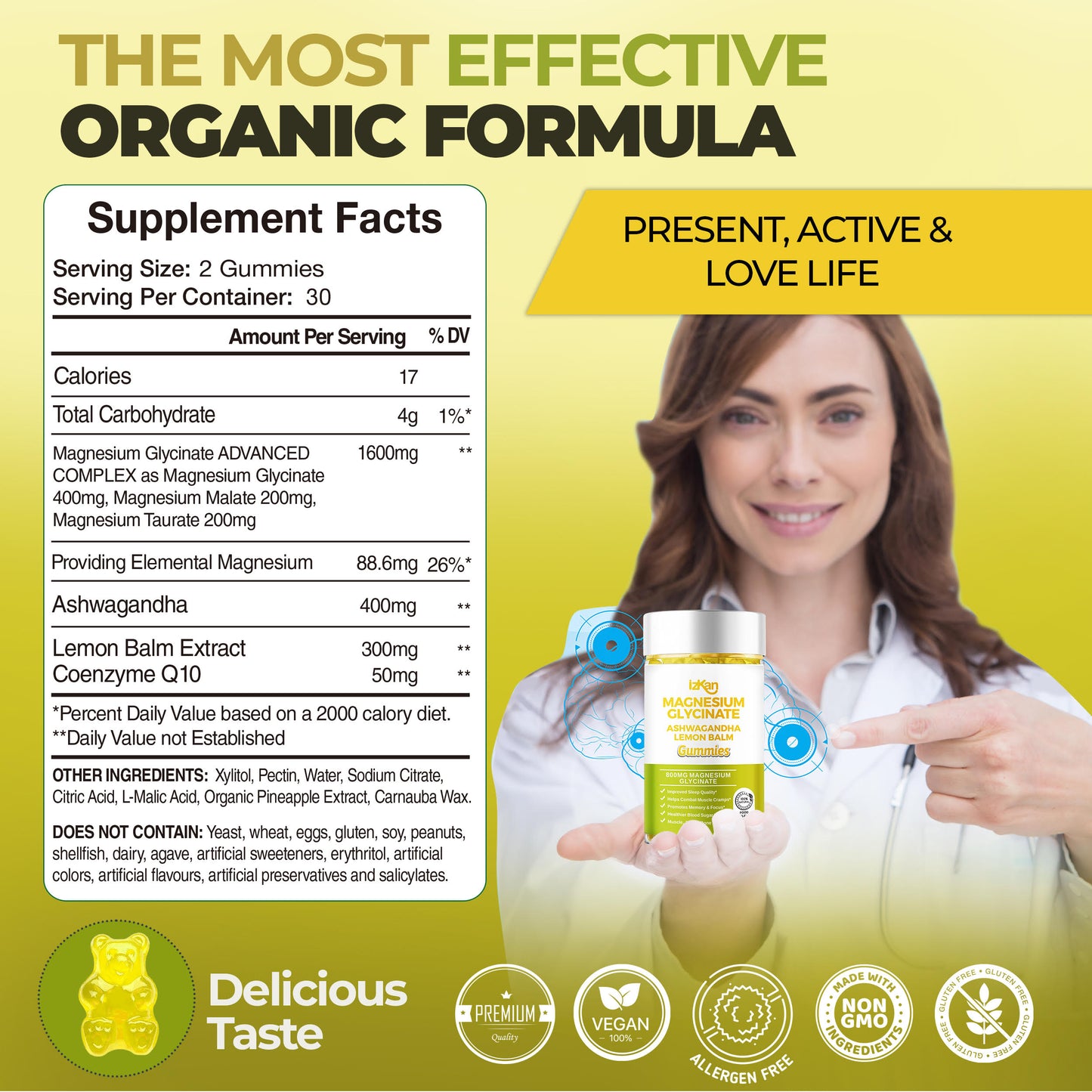 Magnesium Glycinate Gummies - 60 Ashwagandha Gummies with Lemon Balm Extract, Pineapple Flavor - IZKAN NUTRITION®