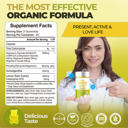 Magnesium Glycinate Gummies - 60 Ashwagandha Gummies with Lemon Balm Extract, Pineapple Flavor - IZKAN NUTRITION®